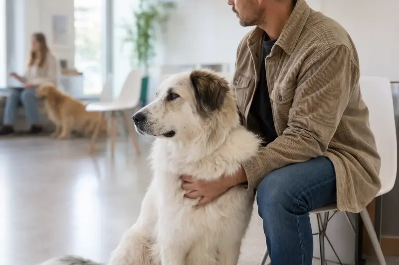 Ein Maremmaner Hirtenhund sitzt ruhig neben seinem Besitzer im hellen Wartezimmer einer modernen Tierarztpraxis.
